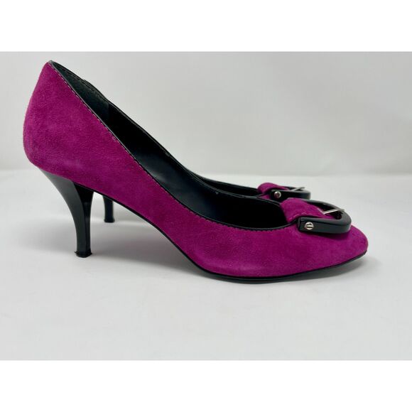 Nine West Monterrey Purple Fuschia Suede Leather Buckle Toe Pumps Heels Size 9.5 - Picture 1 of 16